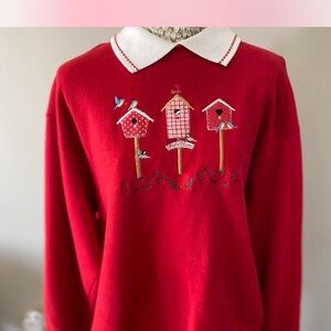 Red Embroidered Birdhouse Sweater Vintage 90s